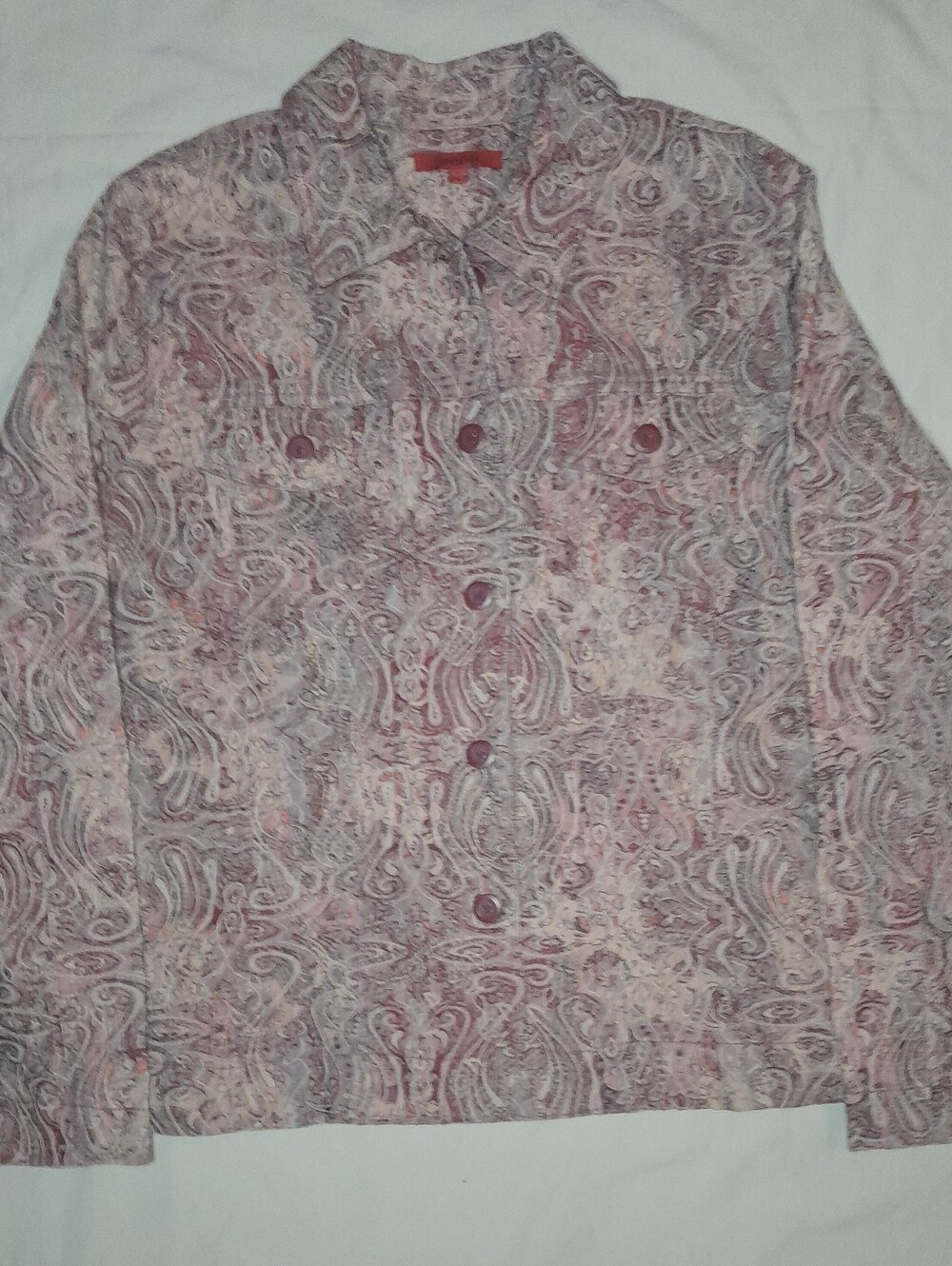 Joni B. Paisley Tapestry Button-Down Jacket / Shacket Sz. Large Burgundy Salmon